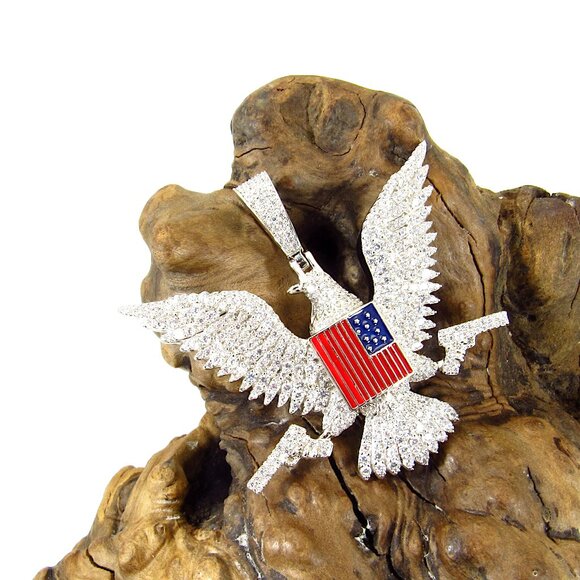 Solid 925 Sterling Silver Iced Out Rhodium Plated Patriotic Eagle & Flag Pendant - Picture 4 of 9
